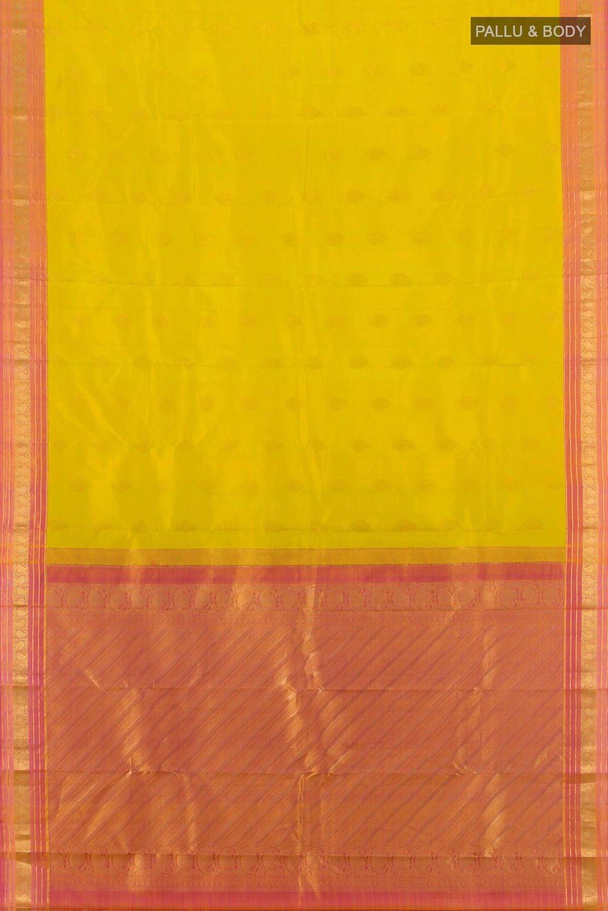 Flat view of Pure Silk Yellow Kanchipuram Saree with Zari Butta on the body and Zari Border. 