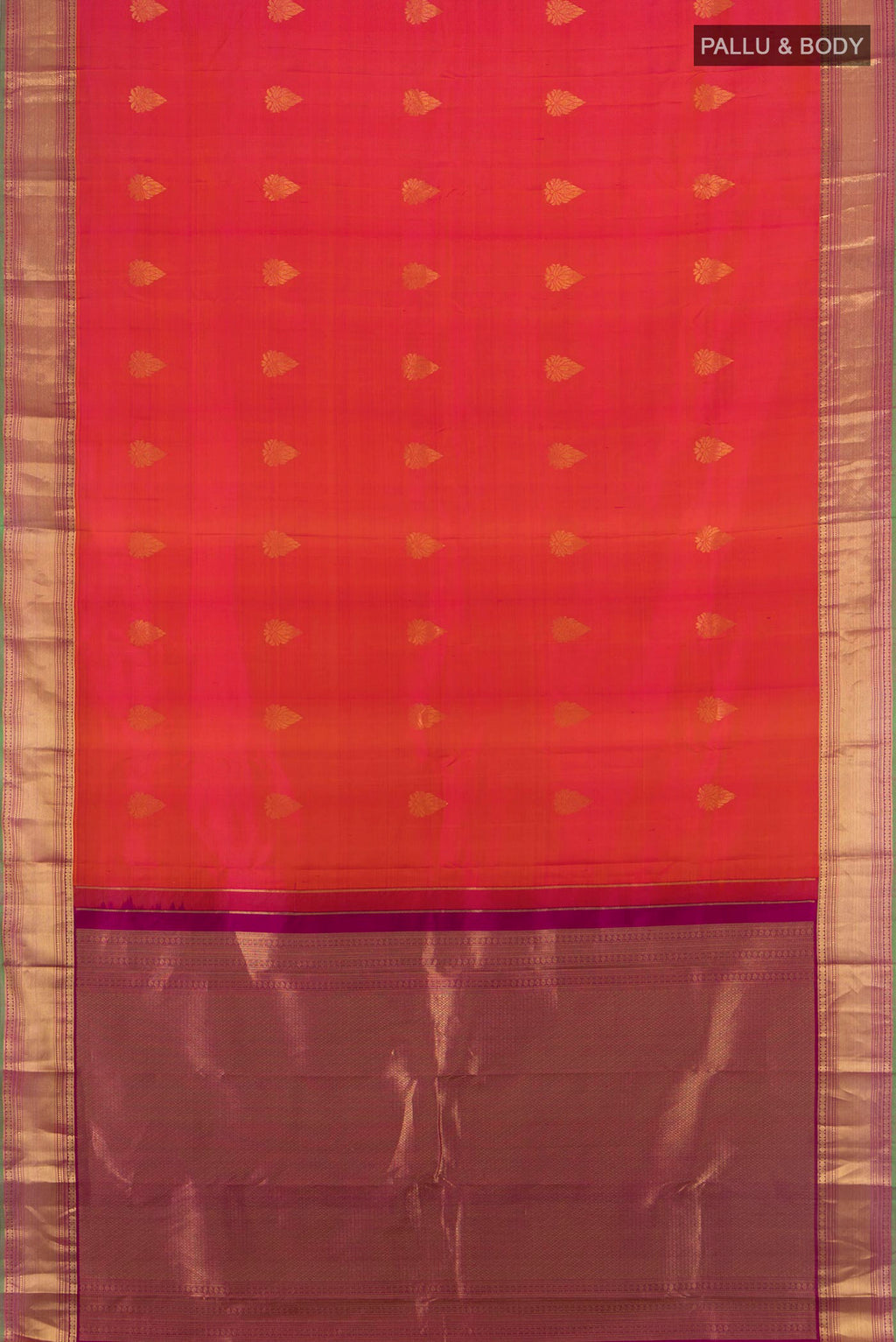 Flat view of Pure Silk Orange Kanchipuram Saree with Zari Butta on the body and Zari Border. 