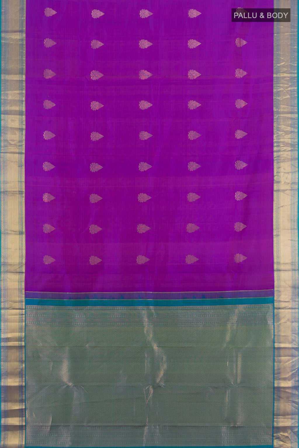 Flat view of Pure Silk Purple Kanchipuram Saree with Zari Butta on the body and Zari Border. 