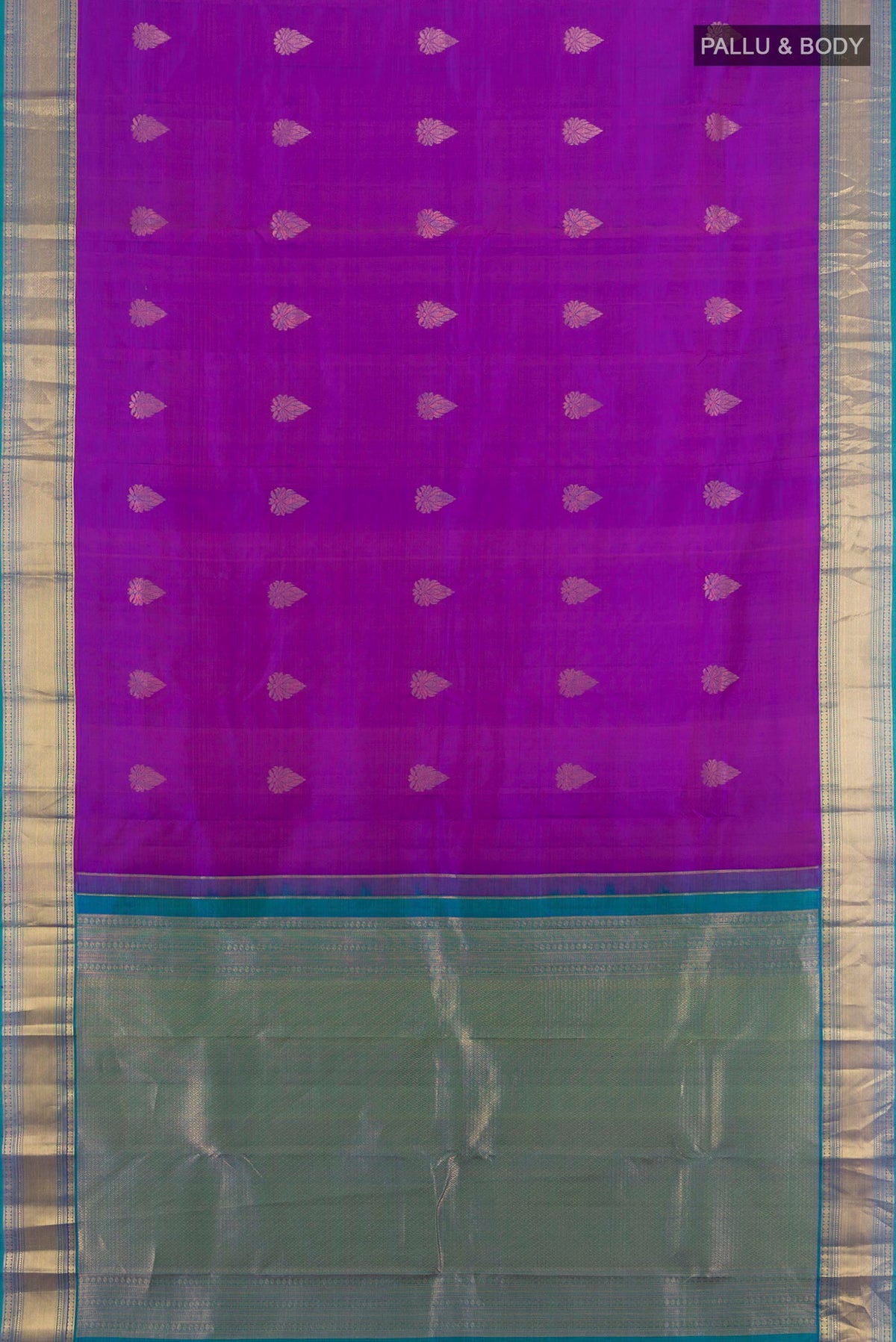 Flat view of Pure Silk Purple Kanchipuram Saree with Zari Butta on the body and Zari Border. 