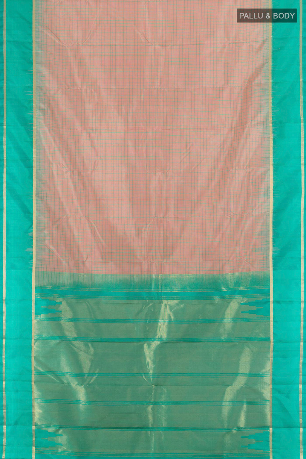 Flat view of Pure Silk Beige Kanchipuram Saree with Checked design on the body and Plain Border. 
