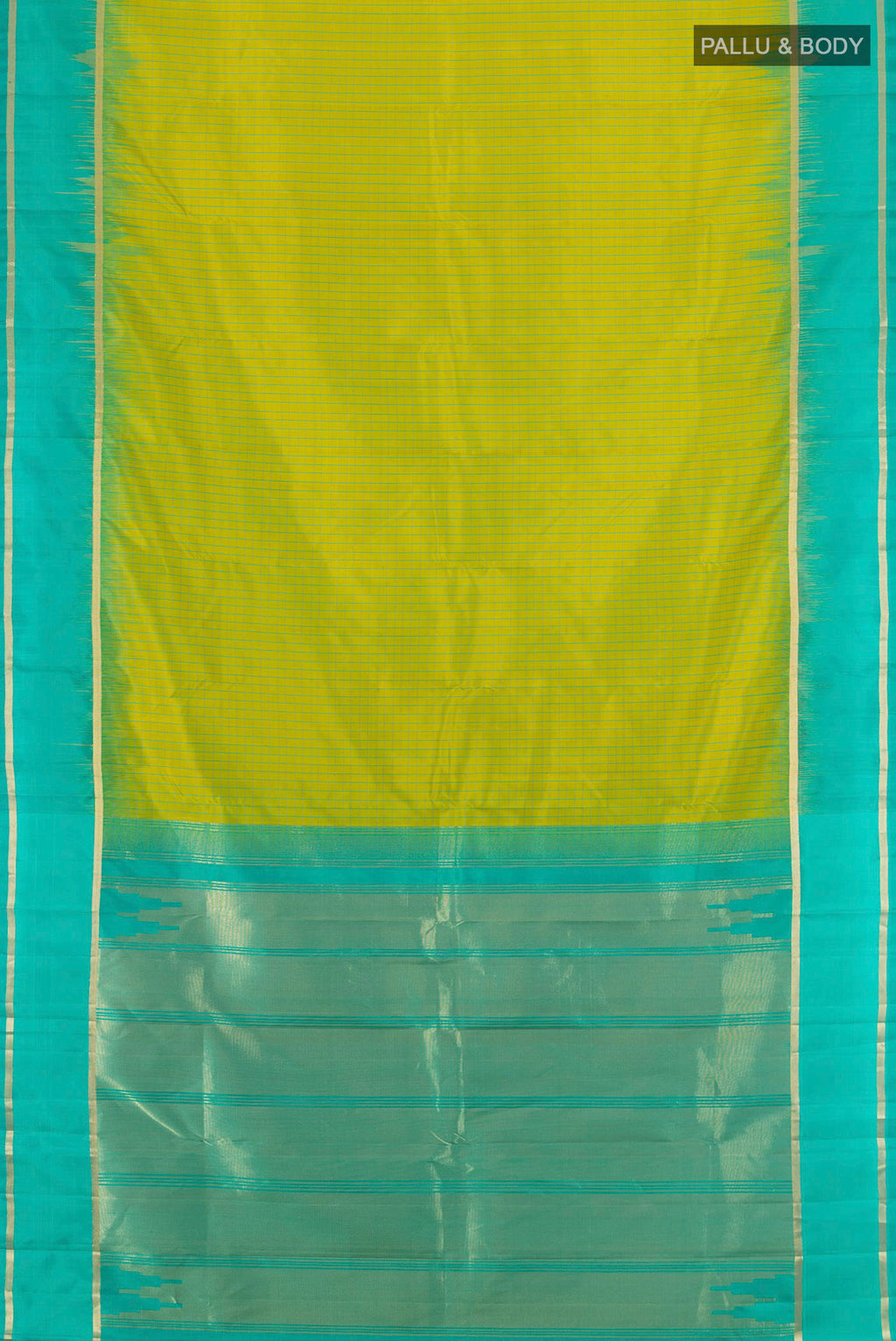 Flat view of Pure Silk Parrot Green Kanchipuram Saree with Checked design on the body and Plain Border. 