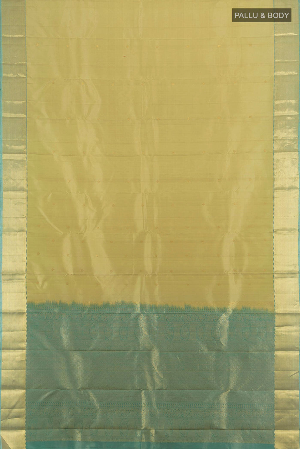 Flat view of Pure Silk Olive Green Kanchipuram Saree with Zari Butta on the body and Zari Border. 