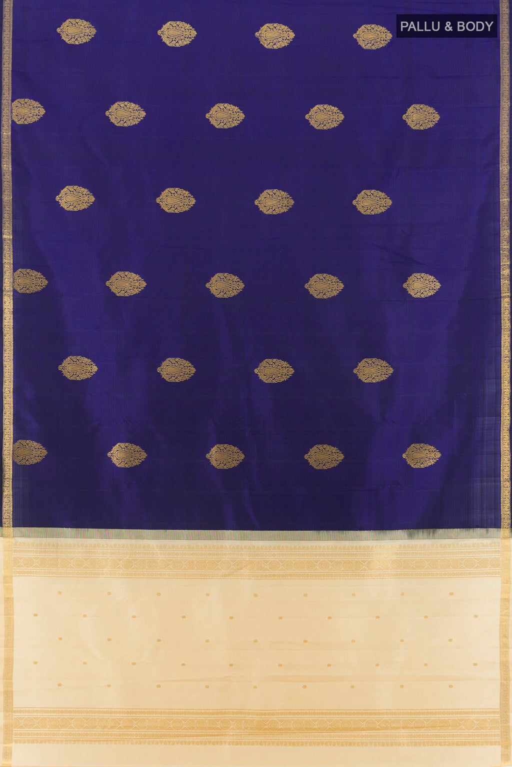 Flat view of Pure Silk Navy Blue Kanchipuram Saree with Zari Butta on the body and Zari Border. 