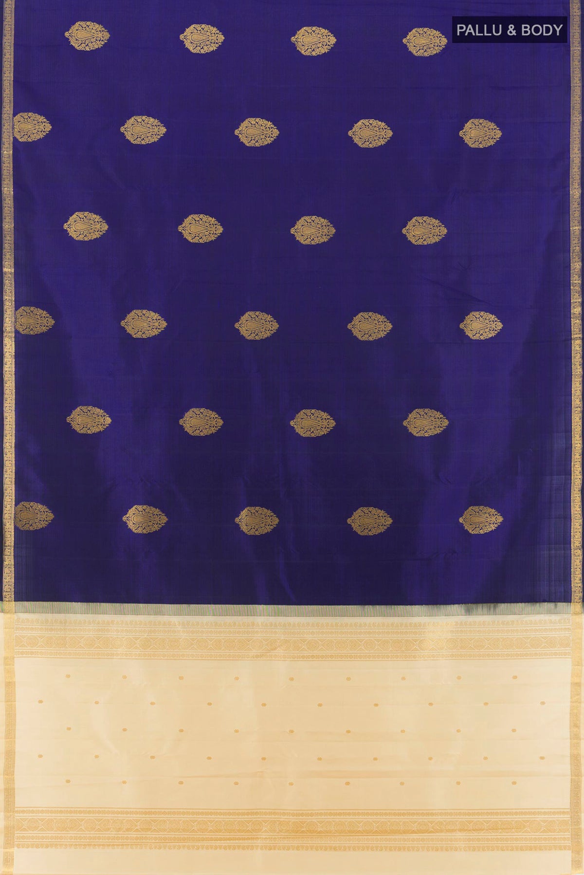 Flat view of Pure Silk Navy Blue Kanchipuram Saree with Zari Butta on the body and Zari Border. 