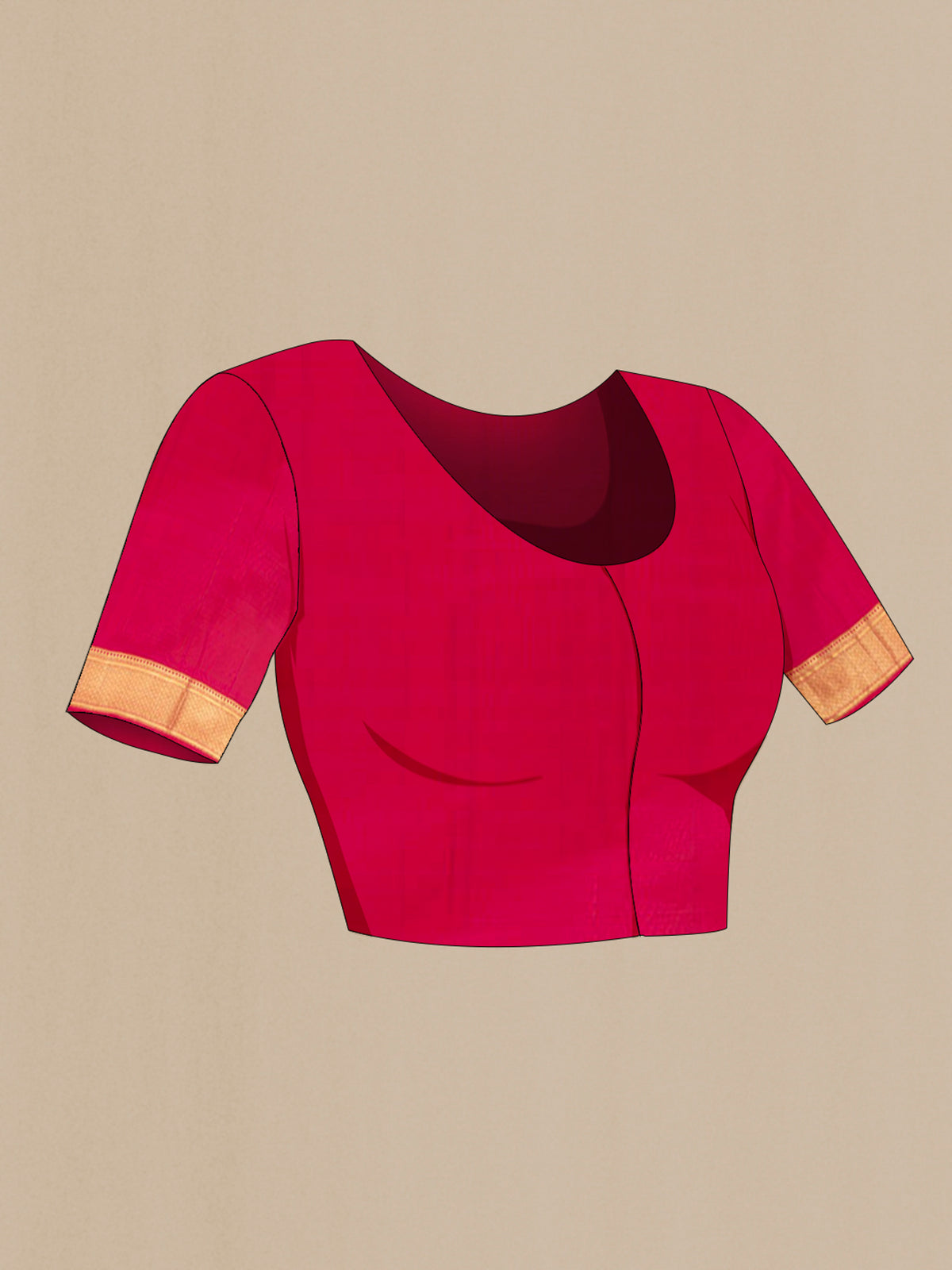 Close up image of the blouse of Pure Silk Dark Pink Kanjivaram Saree with Zari Butta on the body and Zari Border. 