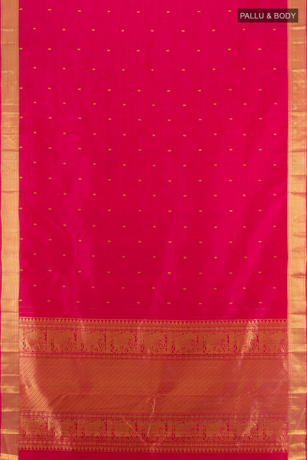 Flat view of Pure Silk Dark Pink Kanjivaram Saree with Zari Butta on the body and Zari Border. 