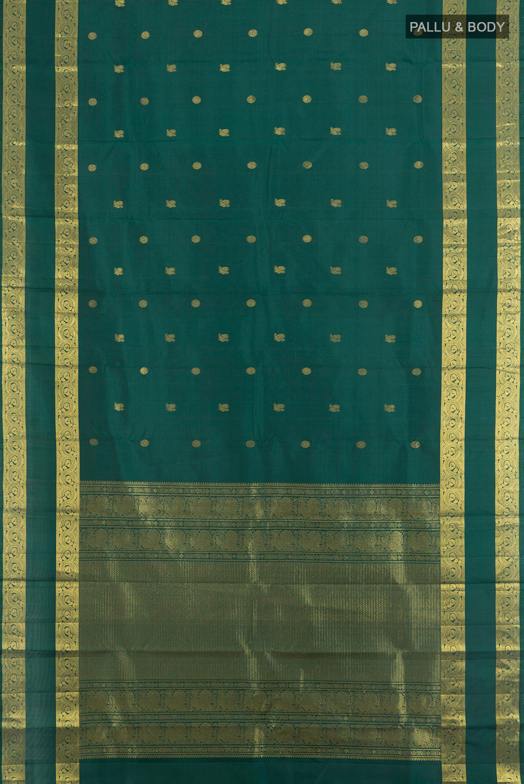 Flat view of Pure Silk Bottle Green Kanjivaram Saree with Zari Butta on the body and Zari Border. 