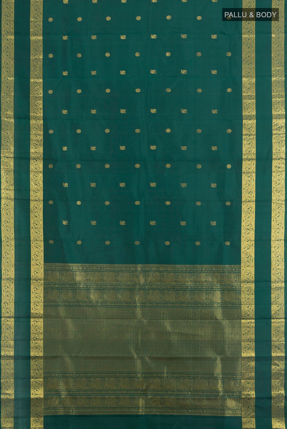 Flat view of Pure Silk Bottle Green Kanjivaram Saree with Zari Butta on the body and Zari Border. 