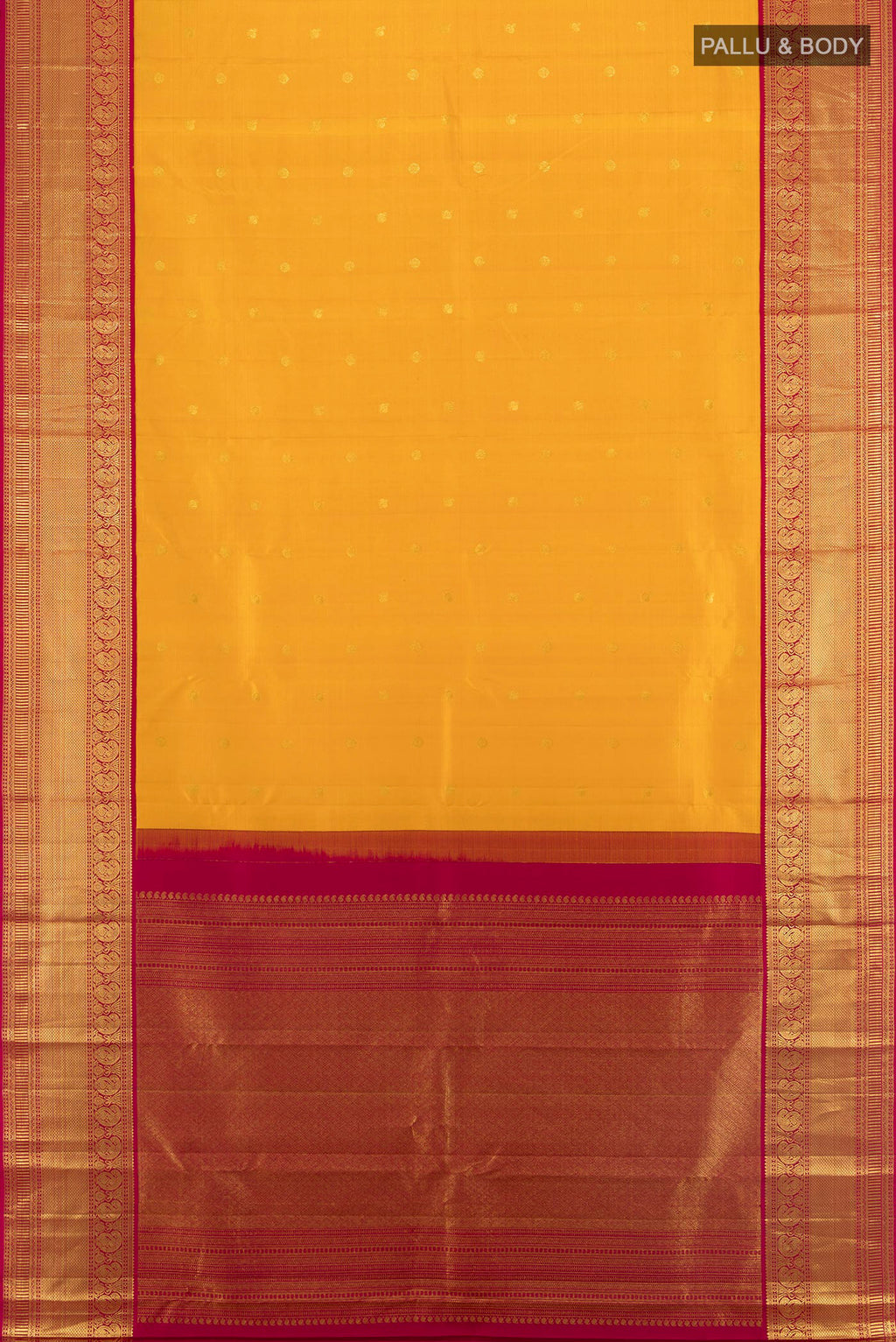 Flat view of Pure Silk Mustard Kanjivaram Saree with Zari Butta on the body and Zari Border. 