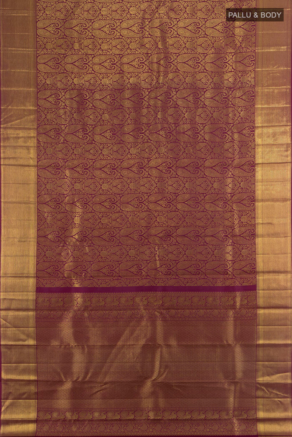 Flat view of Pure Silk Maroon Kanchipuram Saree with Zari Butta on the body and Silk Border. 