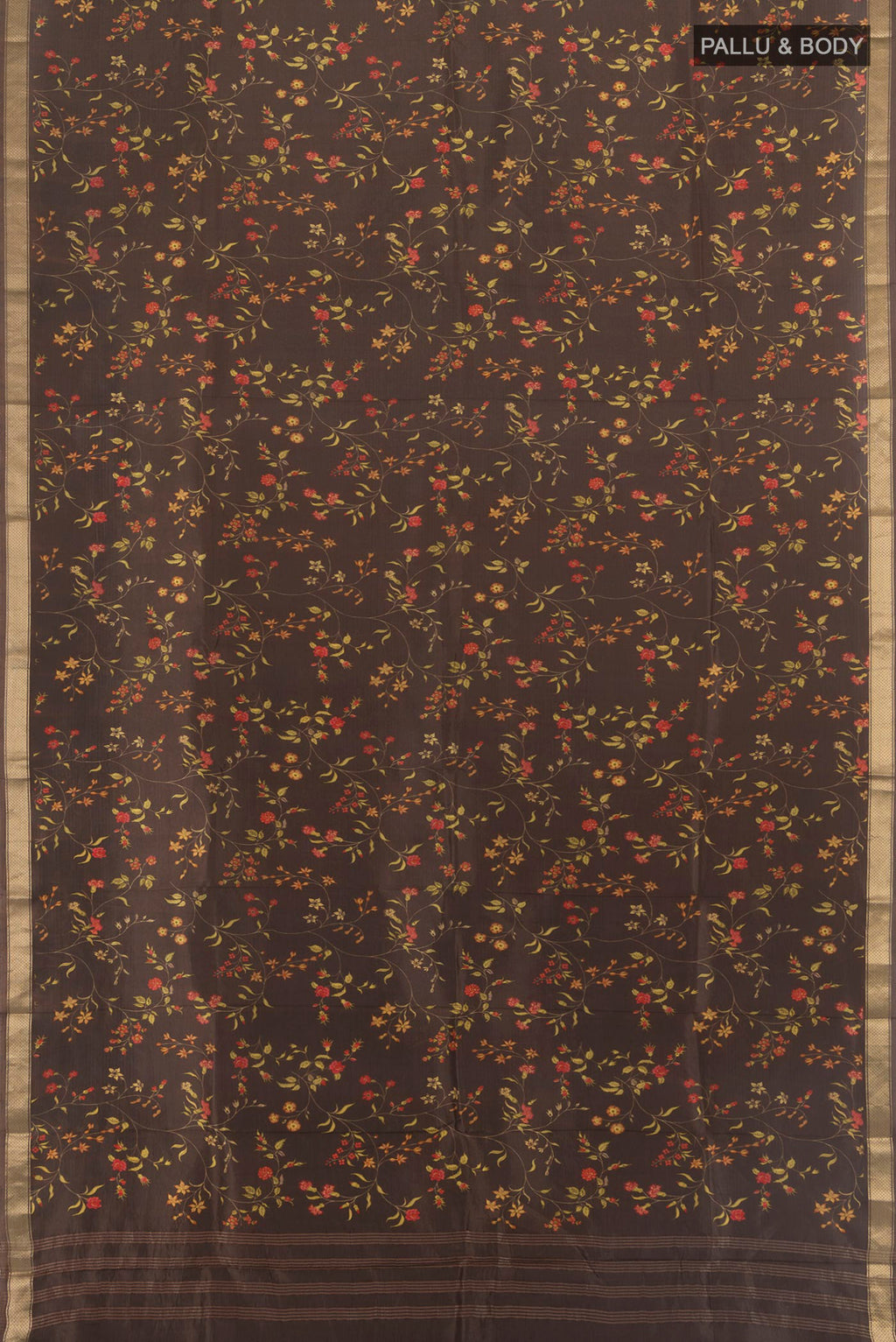 Flat view of Pure Silk Coffee Brown Printed Saree with Floral Print on the body and Zari Border. 