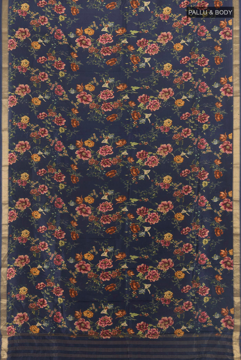 Flat view of Pure Silk Navy Blue Printed Saree with Floral Print on the body and Zari Border. 