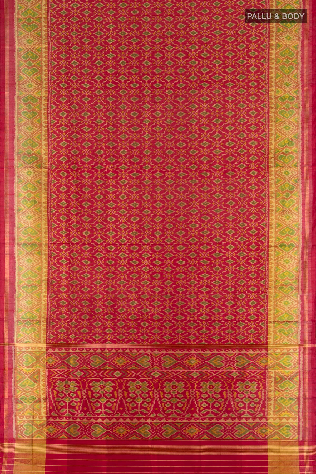 Flat view of Pure Silk Red Rajkot Patola Saree with Pure Ikat on the body and Ikat Border. 