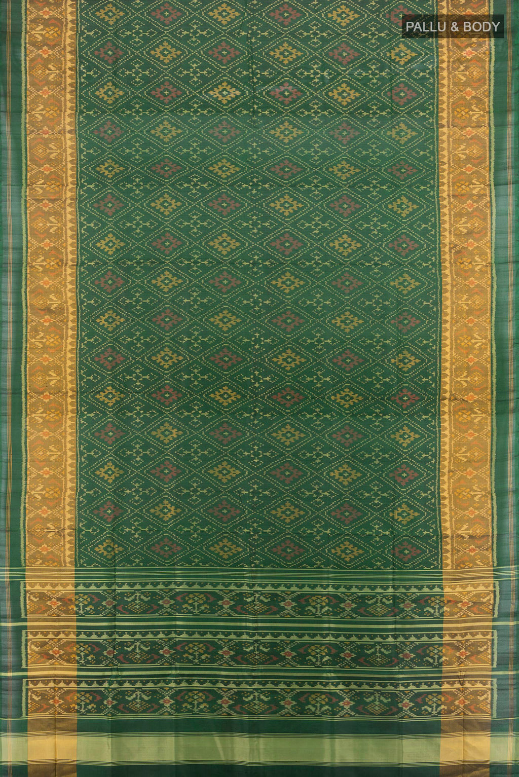 Flat view of Pure Silk Green Rajkot Patola Saree with Pure Ikat on the body and Ikat Border. 
