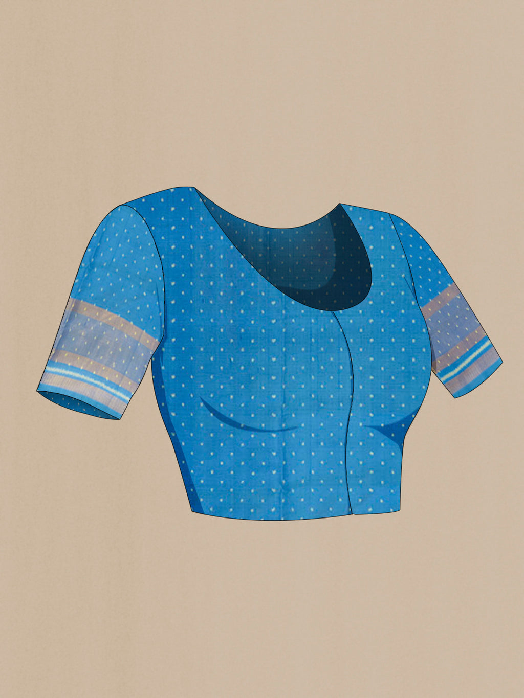 Close up image of the blouse of Pure Silk Sky Blue Rajkot Patola Saree with Pure Ikat on the body and Ikat Border. 