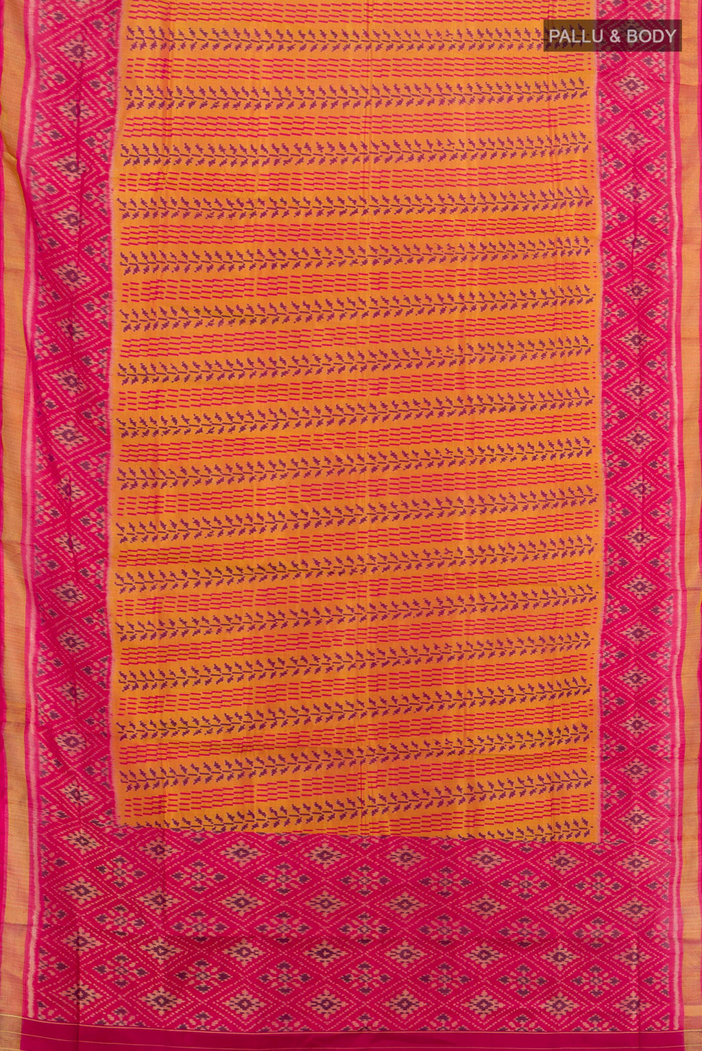 Flat view of Pure Silk Mustard Rajkot Patola Saree with Pure Ikat on the body and Ikat Border. 