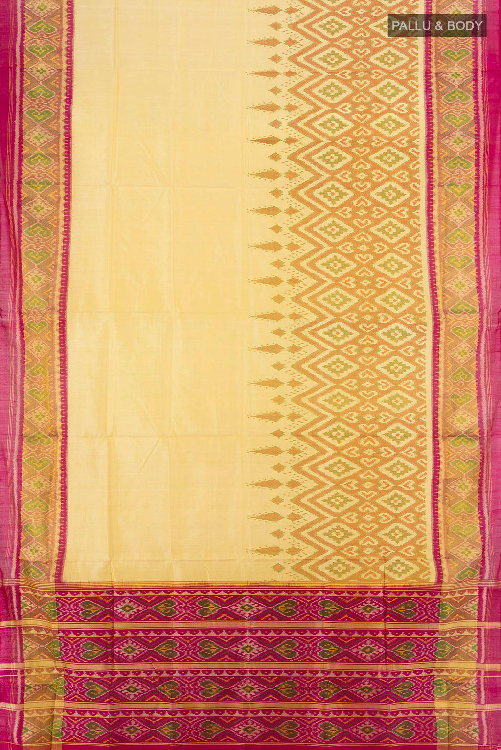 Flat view of Pure Silk Sandal Rajkot Patola Saree with Pure Ikat on the body and Ikat Border. 
