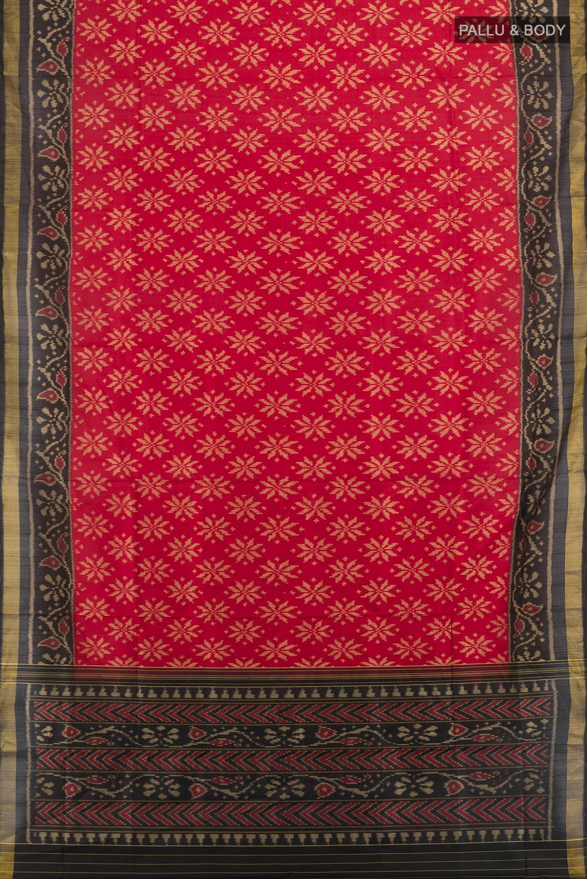 Flat view of Pure Silk Multi Color Rajkot Patola Saree with Ikat Print on the body and Silk Border. 