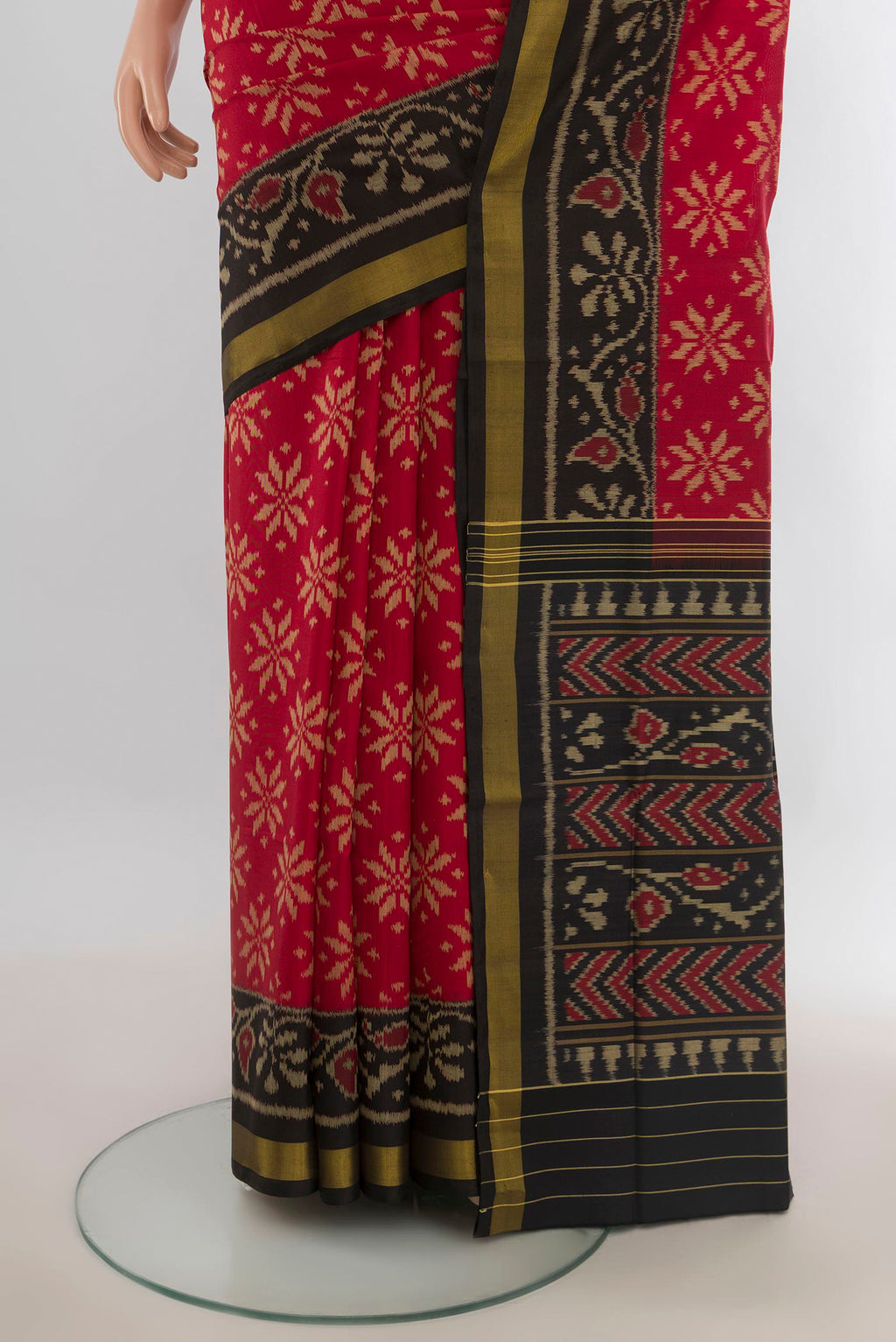 Pleats and pallu of Pure Silk Multi Color Rajkot Patola Saree with Ikat Print on the body and Silk Border. 