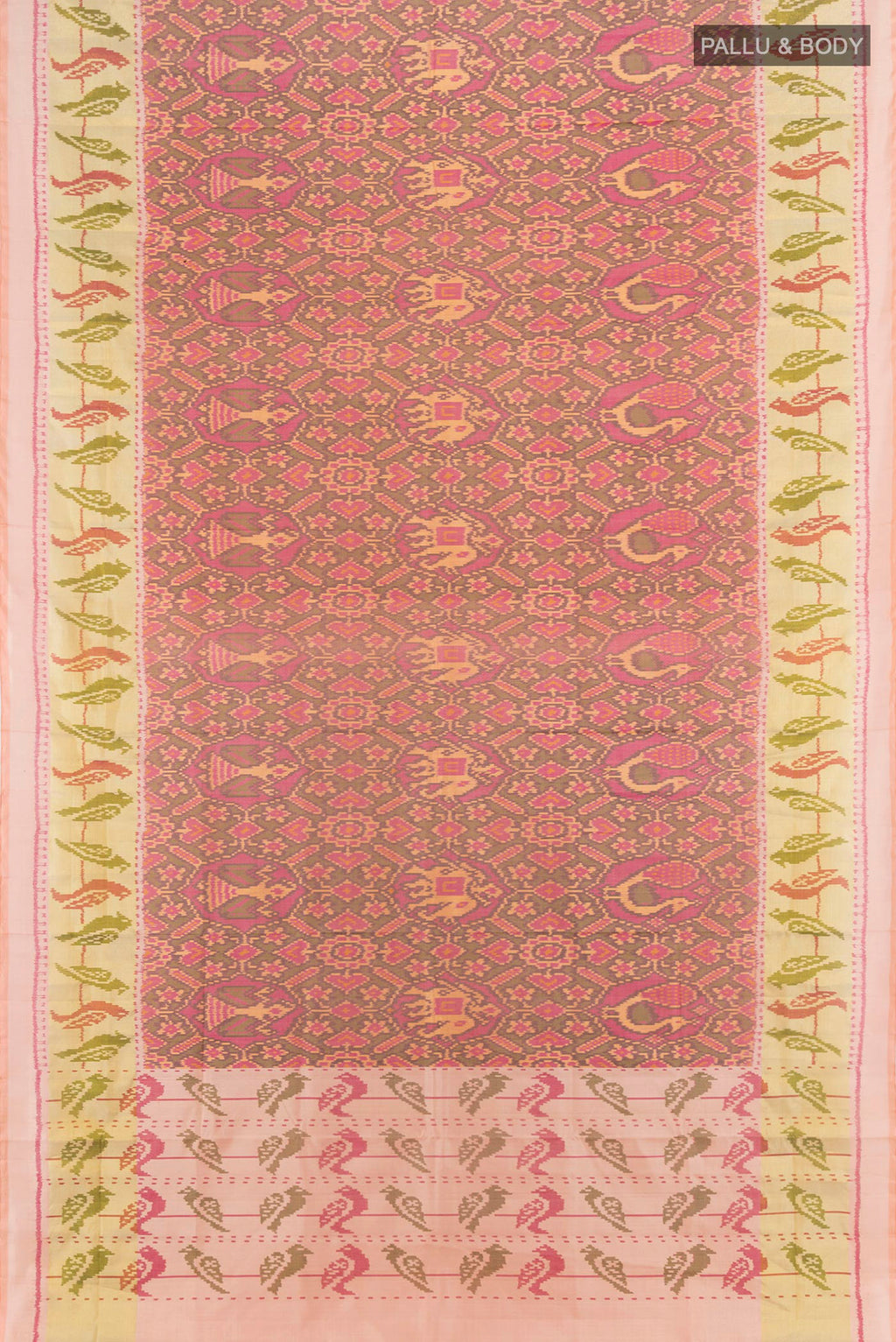 Flat view of Pure Silk Multi Color Rajkot Patola Saree with Pure Ikat on the body and Ikat Border. 