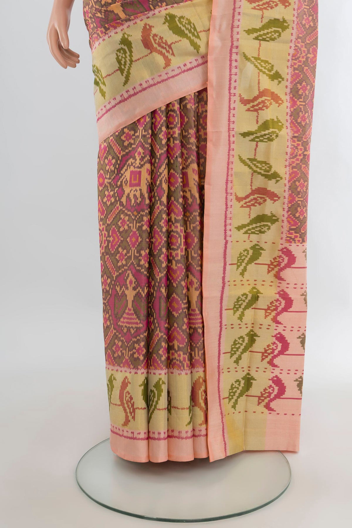 Pleats and pallu of Pure Silk Multi Color Rajkot Patola Saree with Pure Ikat on the body and Ikat Border. 