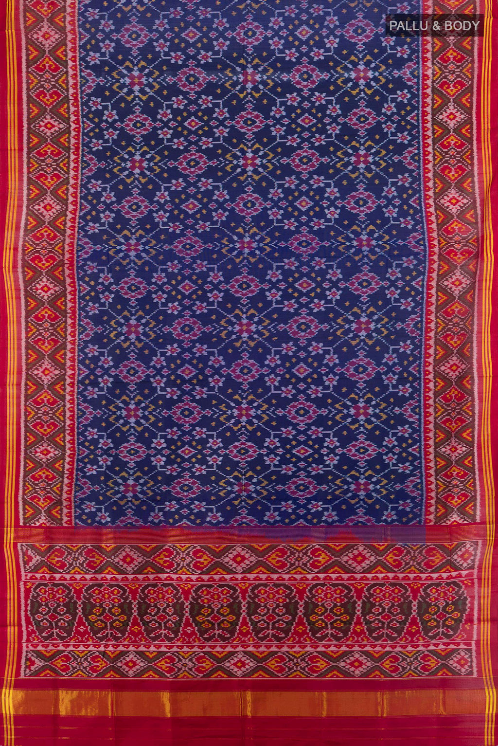 Flat view of Pure Silk Navy Blue Rajkot Patola Saree with Pure Ikat on the body and Ikat Border. 