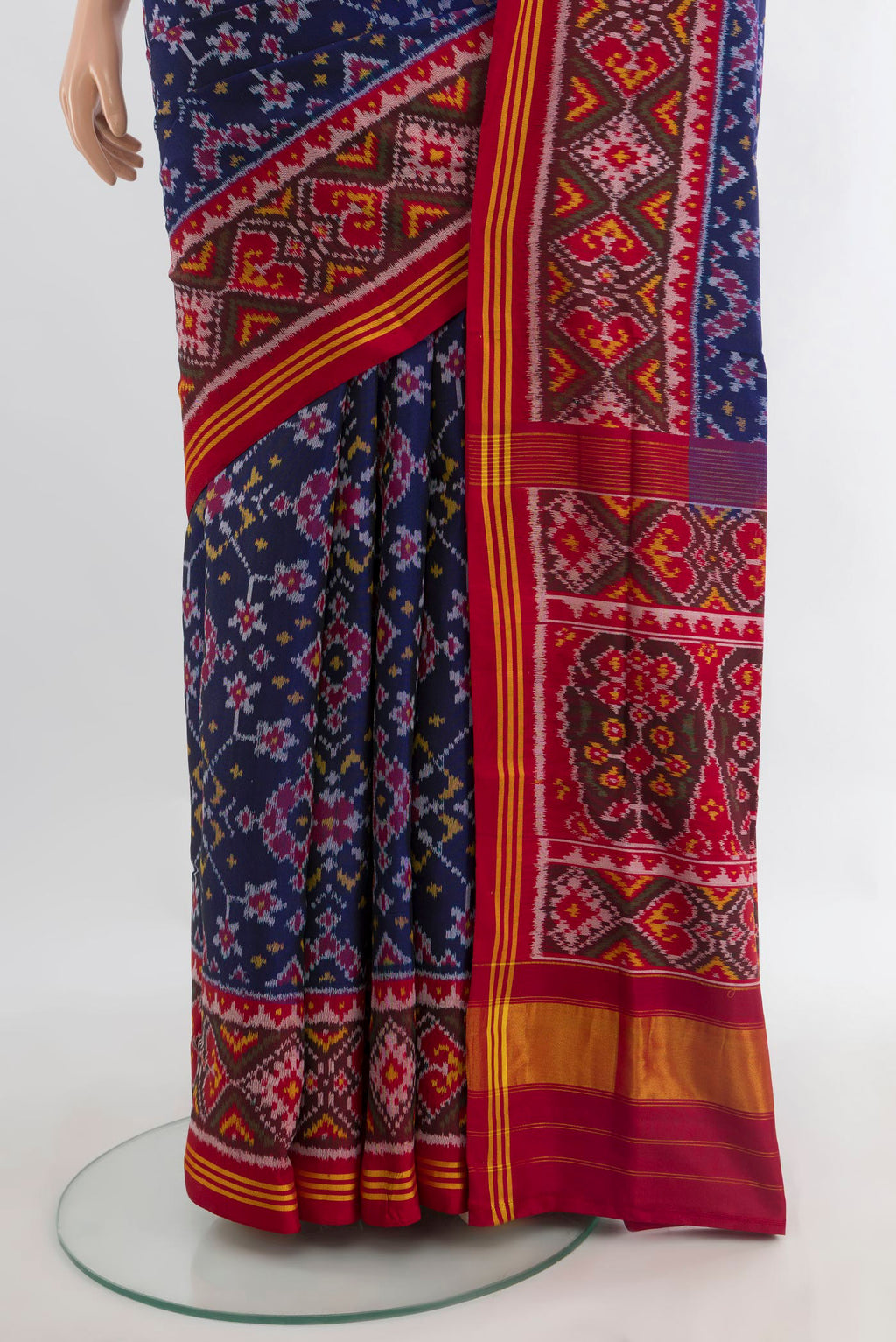 Pleats and pallu of Pure Silk Navy Blue Rajkot Patola Saree with Pure Ikat on the body and Ikat Border. 