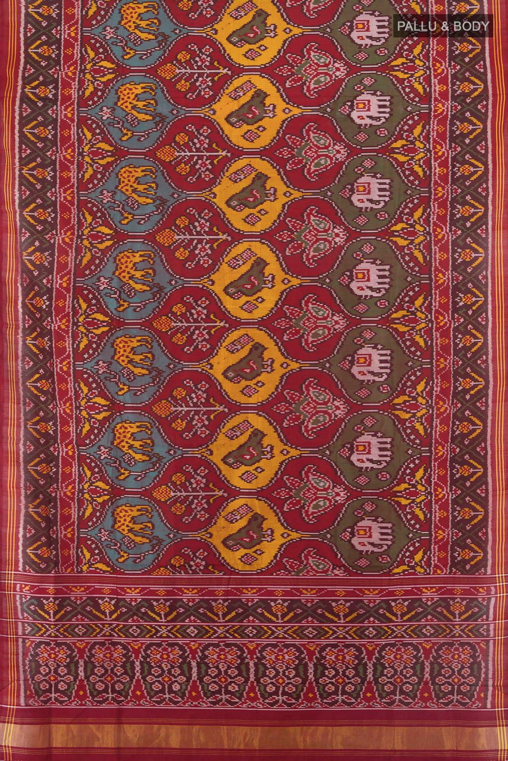 Flat view of Pure Silk Multi Color Rajkot Patola Saree with Pure Ikat on the body and Ikat Border. 