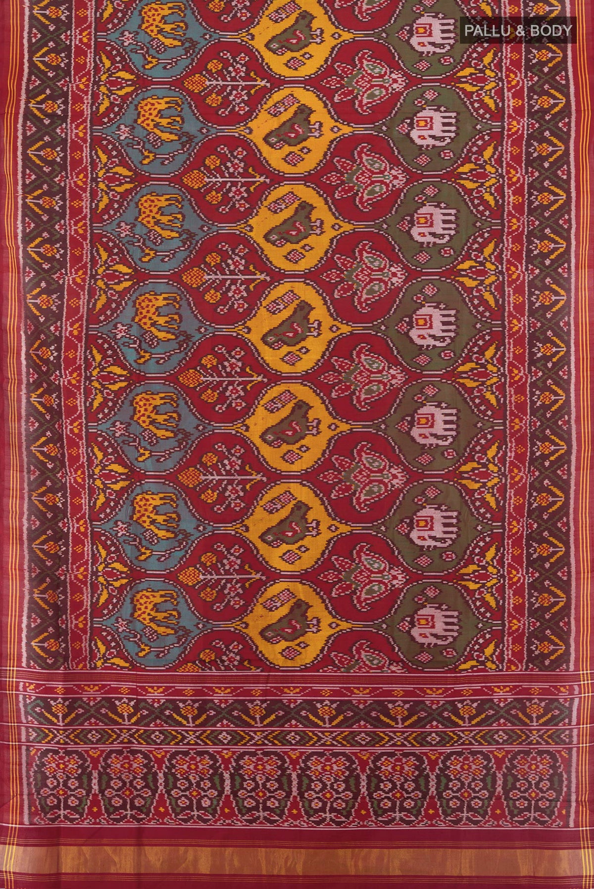 Flat view of Pure Silk Multi Color Rajkot Patola Saree with Pure Ikat on the body and Ikat Border. 