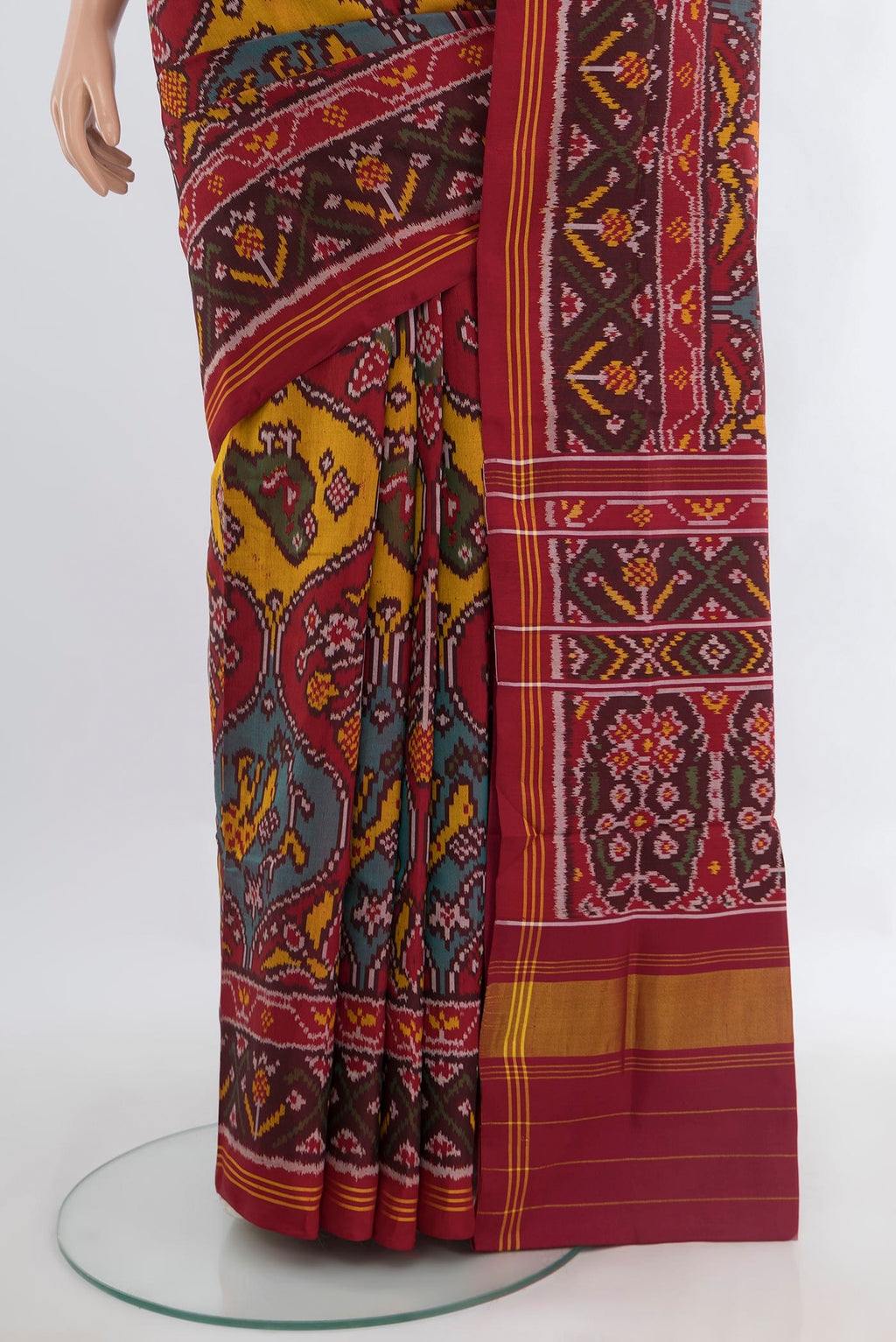 Pleats and pallu of Pure Silk Multi Color Rajkot Patola Saree with Pure Ikat on the body and Ikat Border. 