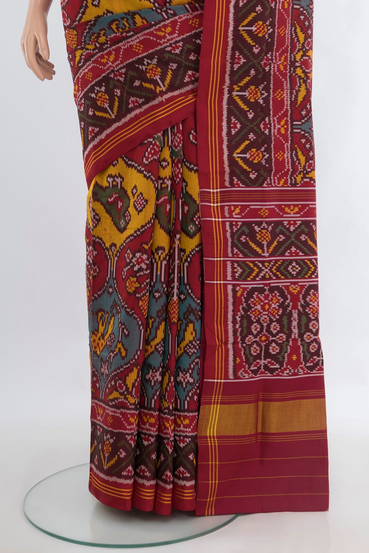Pleats and pallu of Pure Silk Multi Color Rajkot Patola Saree with Pure Ikat on the body and Ikat Border. 