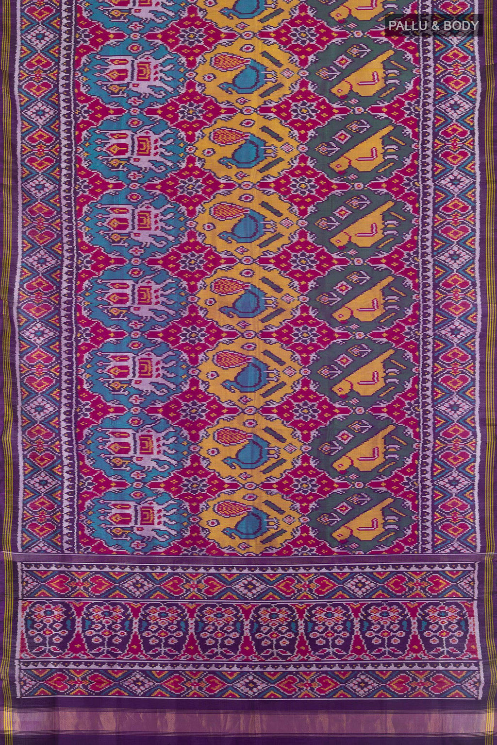 Flat view of Pure Silk Multi Color Rajkot Patola Saree with Pure Ikat on the body and Ikat Border. 