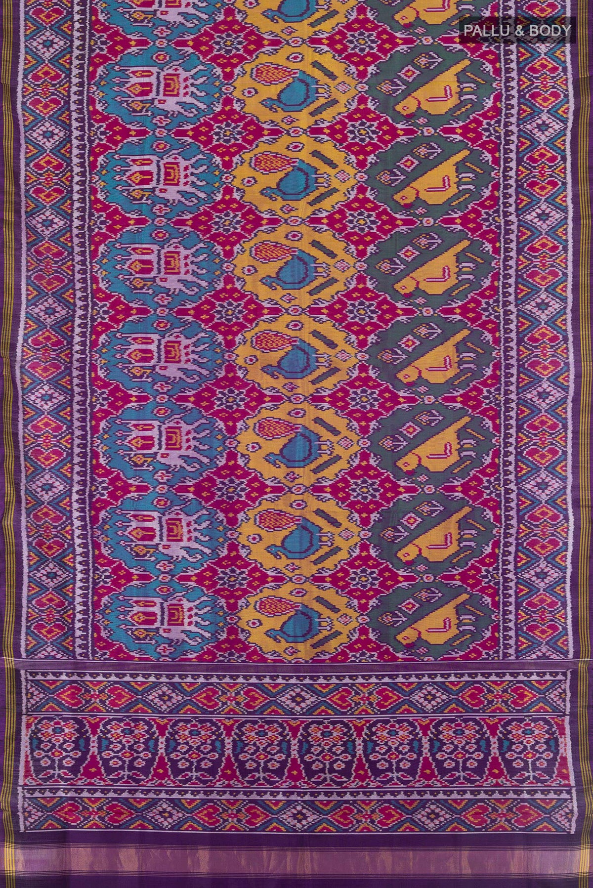 Flat view of Pure Silk Multi Color Rajkot Patola Saree with Pure Ikat on the body and Ikat Border. 