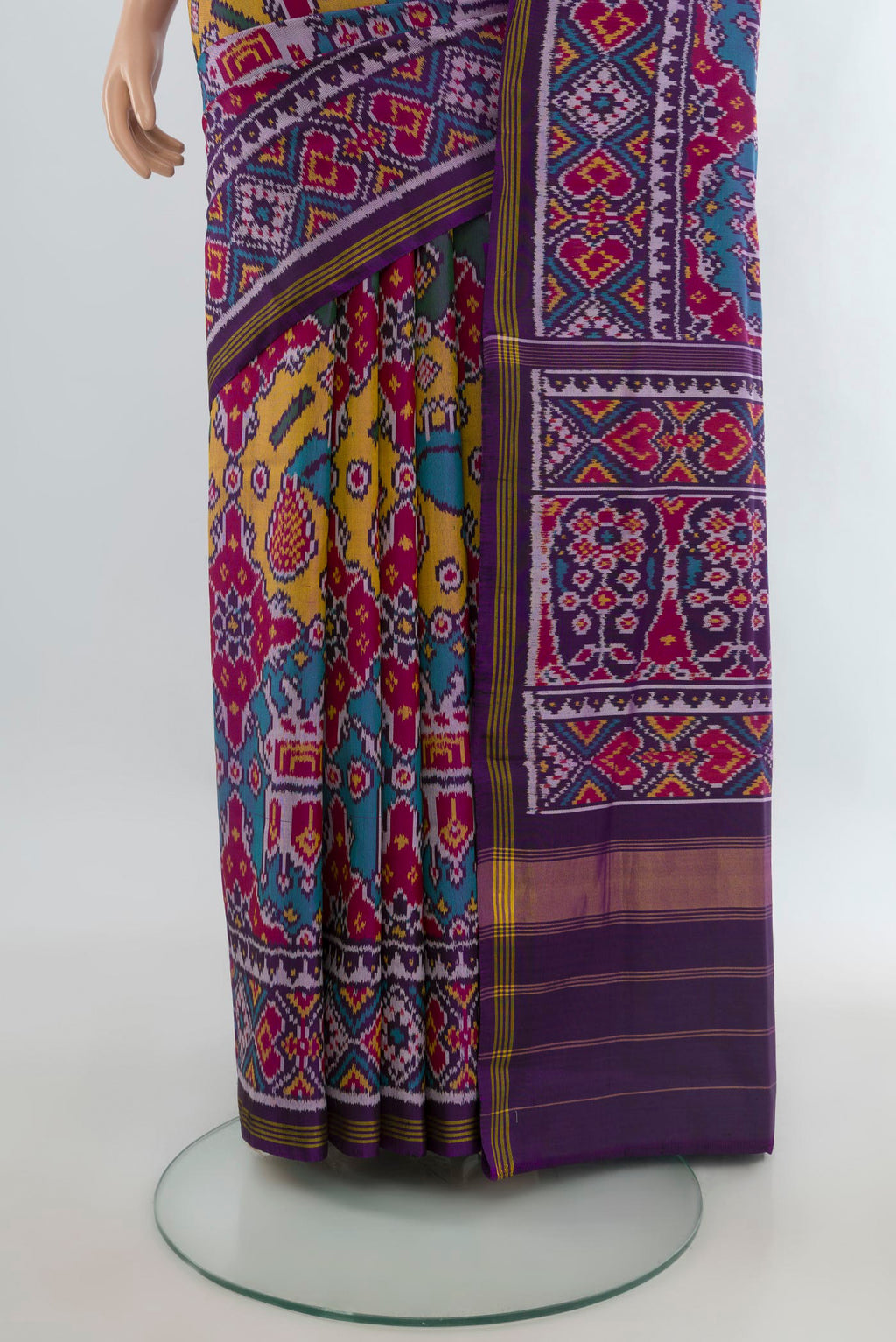 Pleats and pallu of Pure Silk Multi Color Rajkot Patola Saree with Pure Ikat on the body and Ikat Border. 