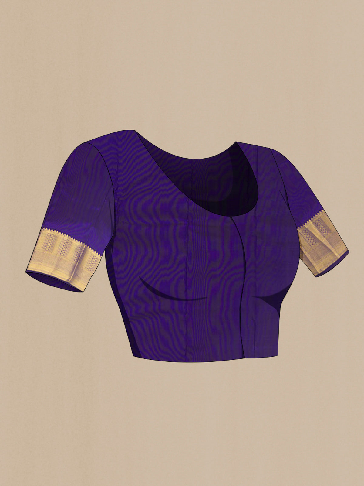 Close up image of the blouse of Pure Silk Violet Kanchipuram Saree with Zari Brocade on the body and Zari Border. 