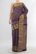 Pure Silk Violet Kanchipuram Saree with Zari Brocade on the body and Zari Border.  displayed on a mannequin