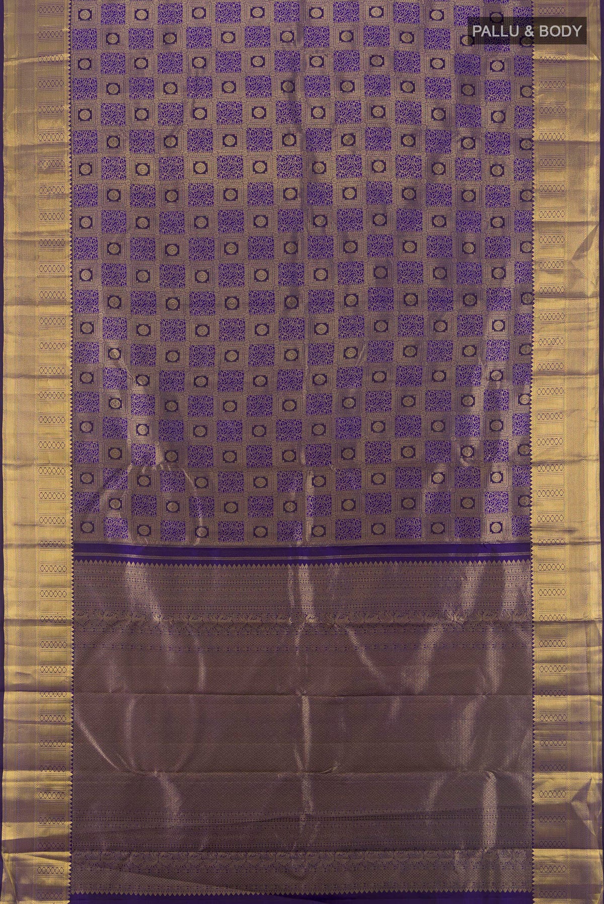 Flat view of Pure Silk Violet Kanchipuram Saree with Zari Brocade on the body and Zari Border. 