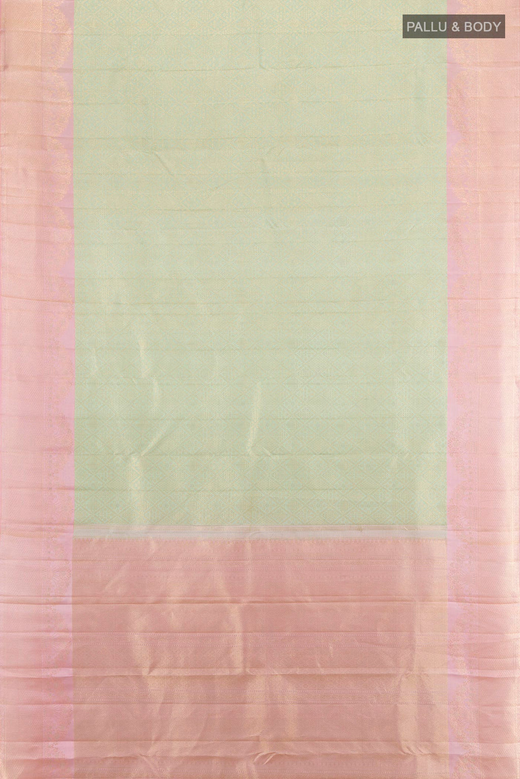 Flat view of Pure Silk Light Green Kanchipuram Saree with Zari Butta on the body and Fancy Border. 
