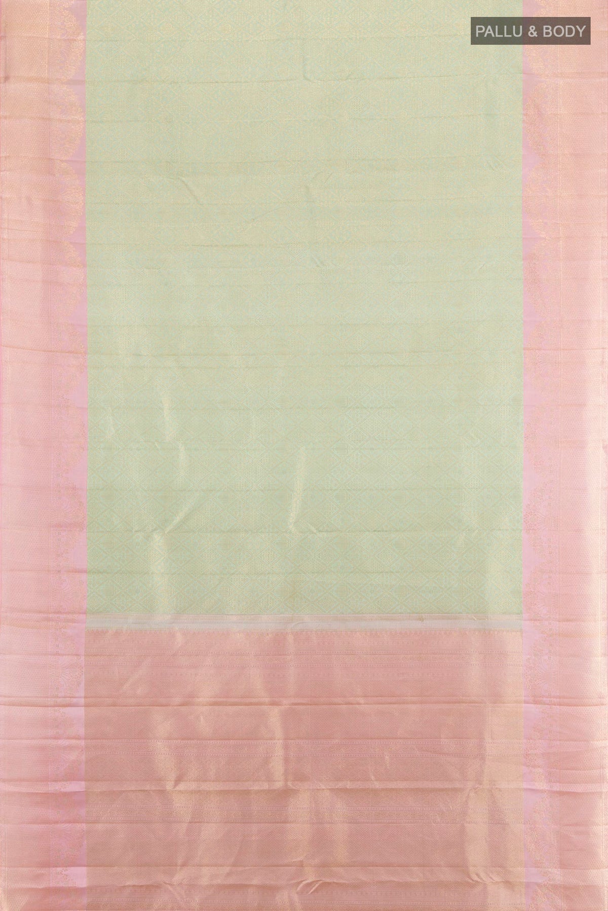 Flat view of Pure Silk Light Green Kanchipuram Saree with Zari Butta on the body and Fancy Border. 