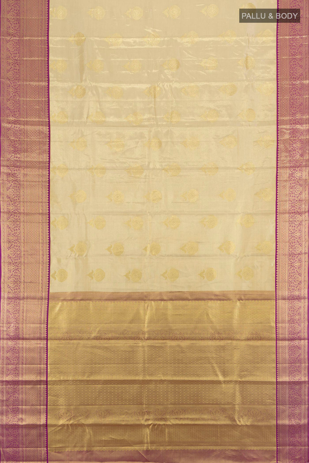 Flat view of Golden Kanchipuram Tissue Saree with Zari Butta on the body and Zari Border. 