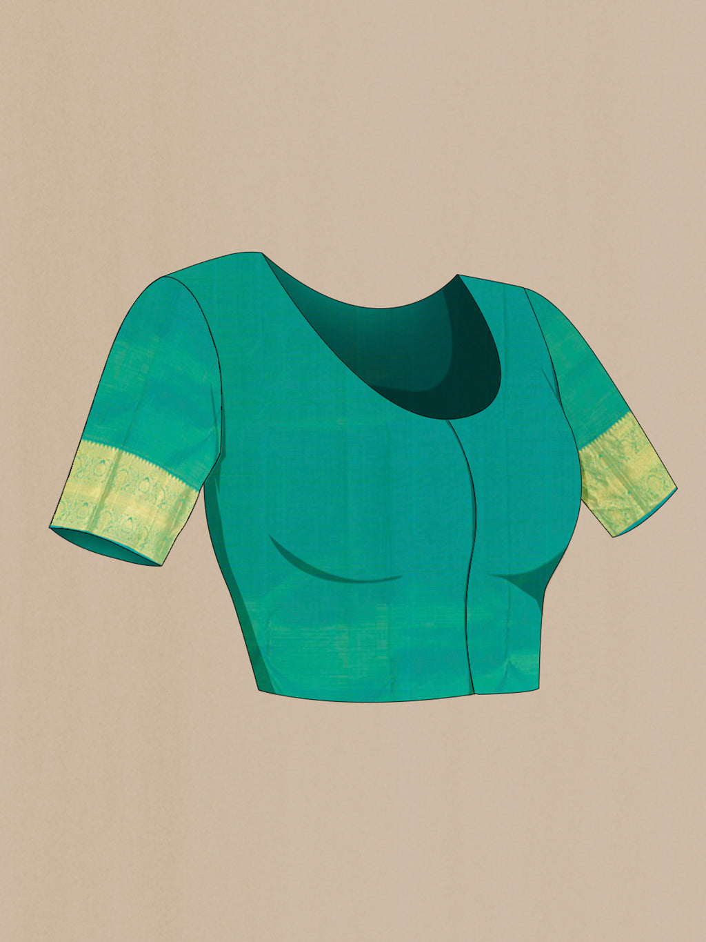 Close up image of the blouse of Pure Silk Parrot Green Kanchipuram Saree with Zari Butta on the body and Zari Border. 