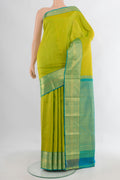 Pure Silk Parrot Green Kanchipuram Saree with Zari Butta on the body and Zari Border.  displayed on a mannequin