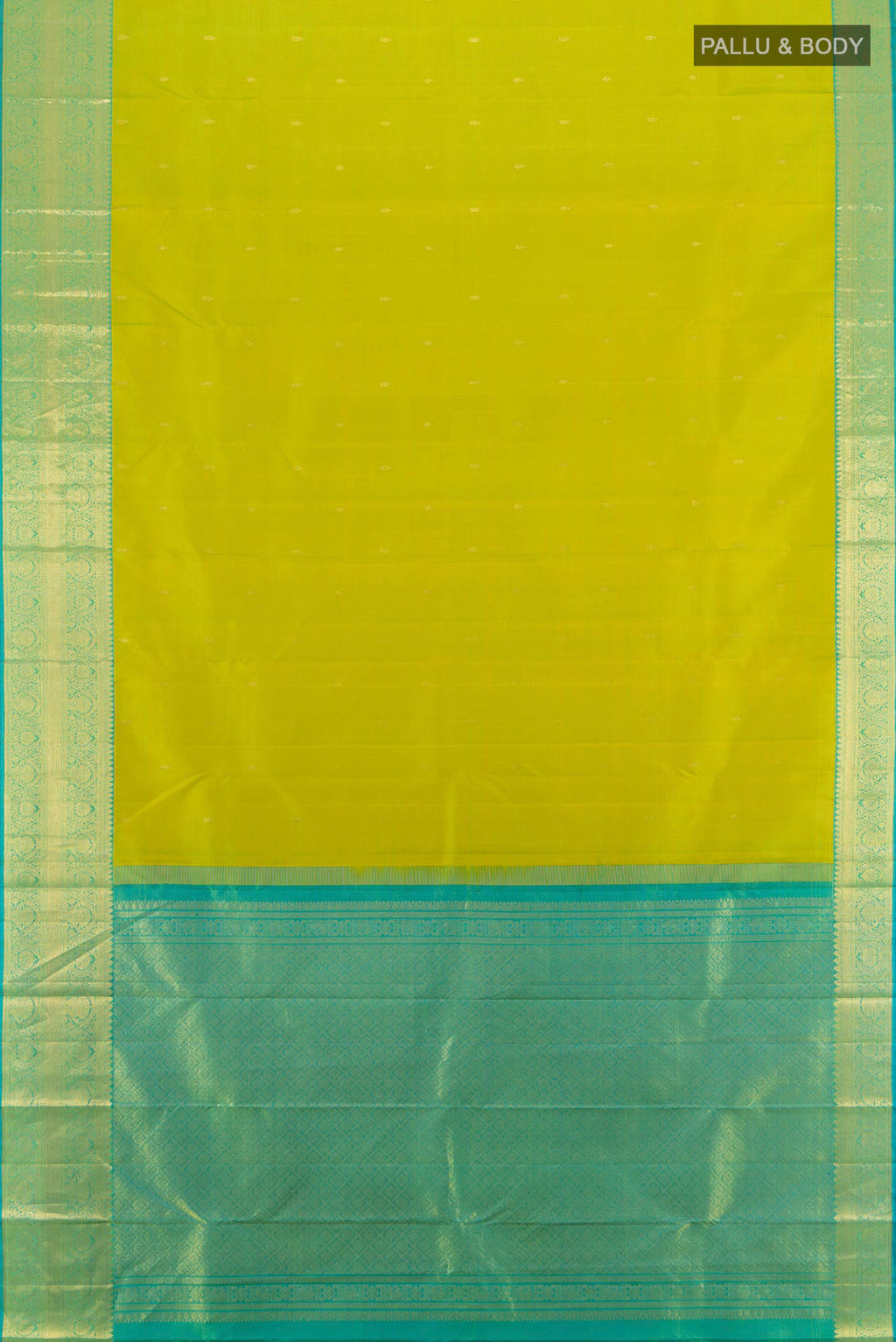 Flat view of Pure Silk Parrot Green Kanchipuram Saree with Zari Butta on the body and Zari Border. 