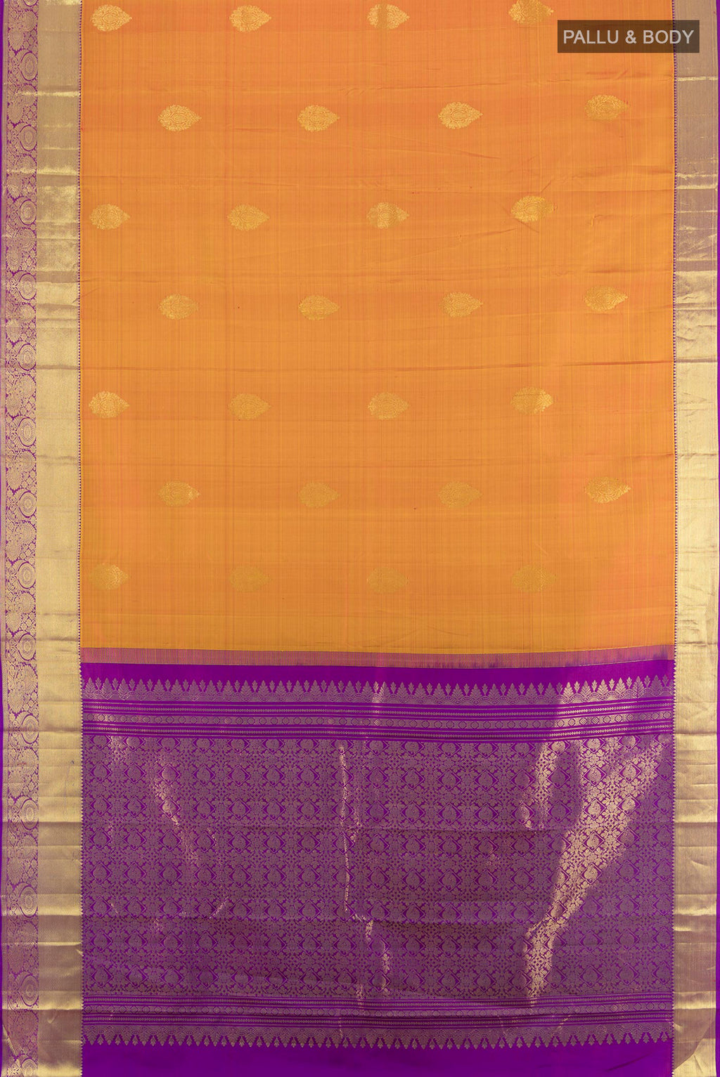 Flat view of Pure Silk Mustard Kanchipuram Saree with Zari Butta on the body and Zari Border. 