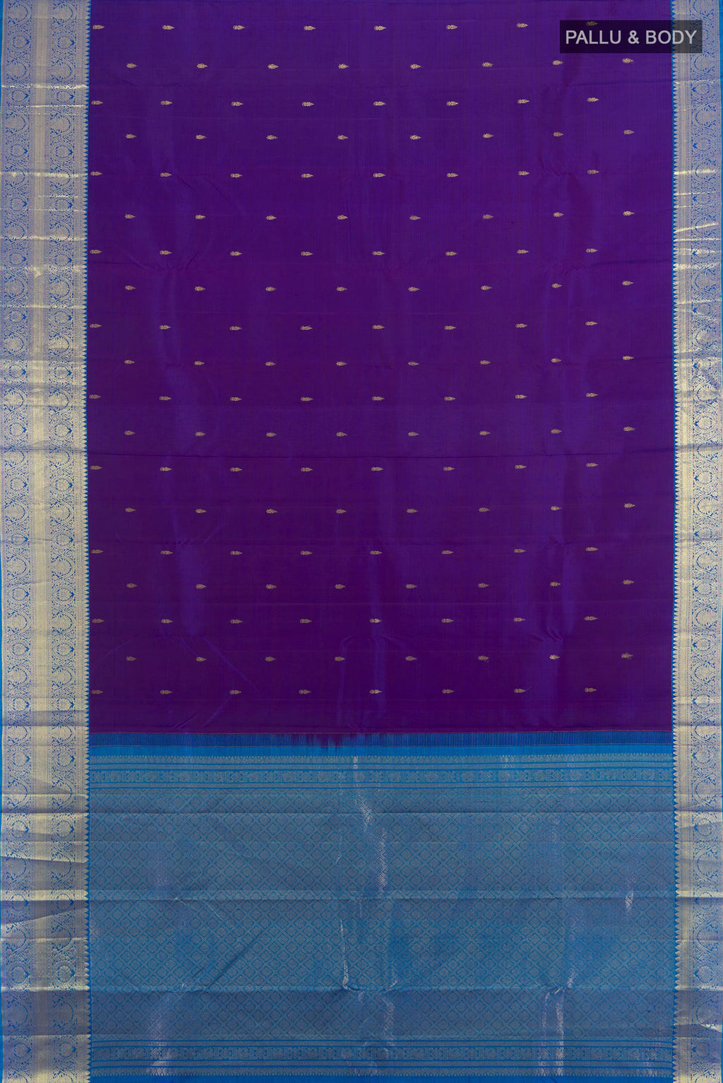 Flat view of Pure Silk Violet Kanchipuram Saree with Zari Butta on the body and Silk Border. 
