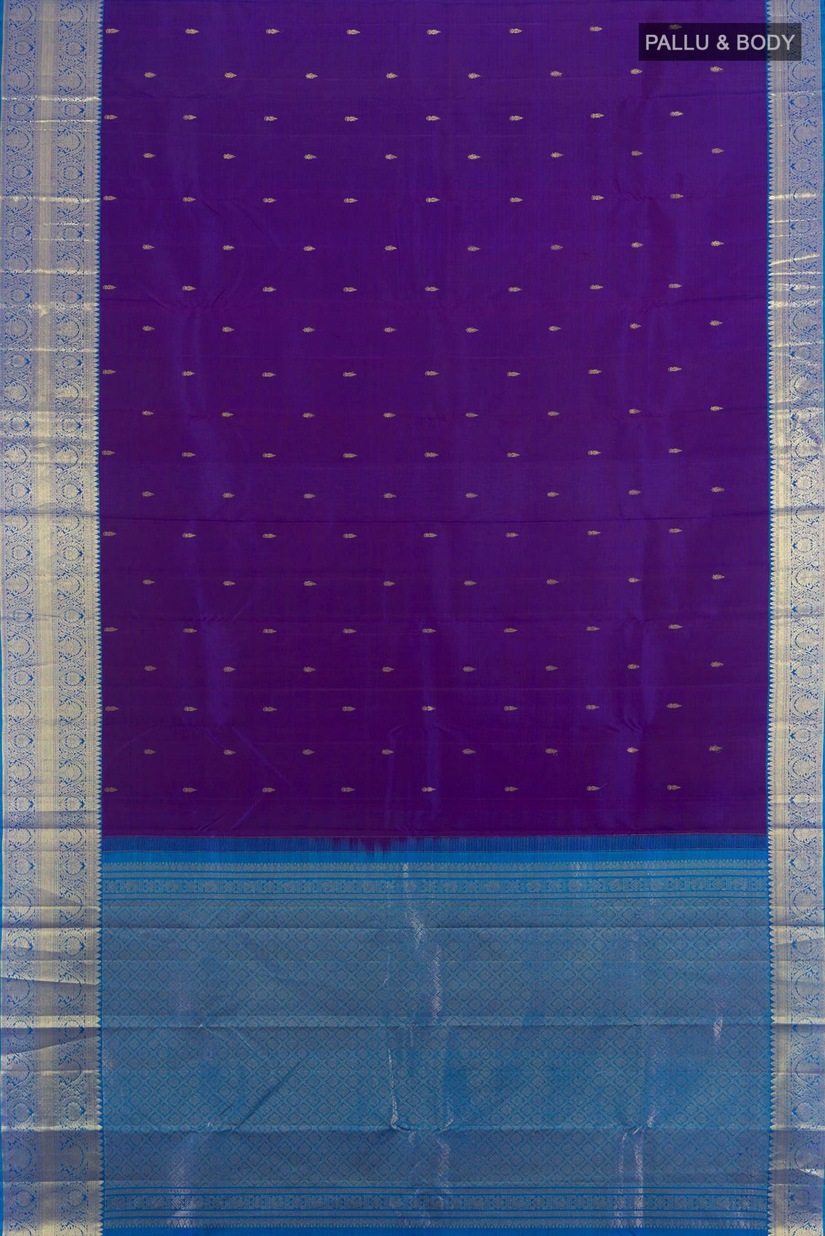 Flat view of Pure Silk Violet Kanchipuram Saree with Zari Butta on the body and Silk Border. 