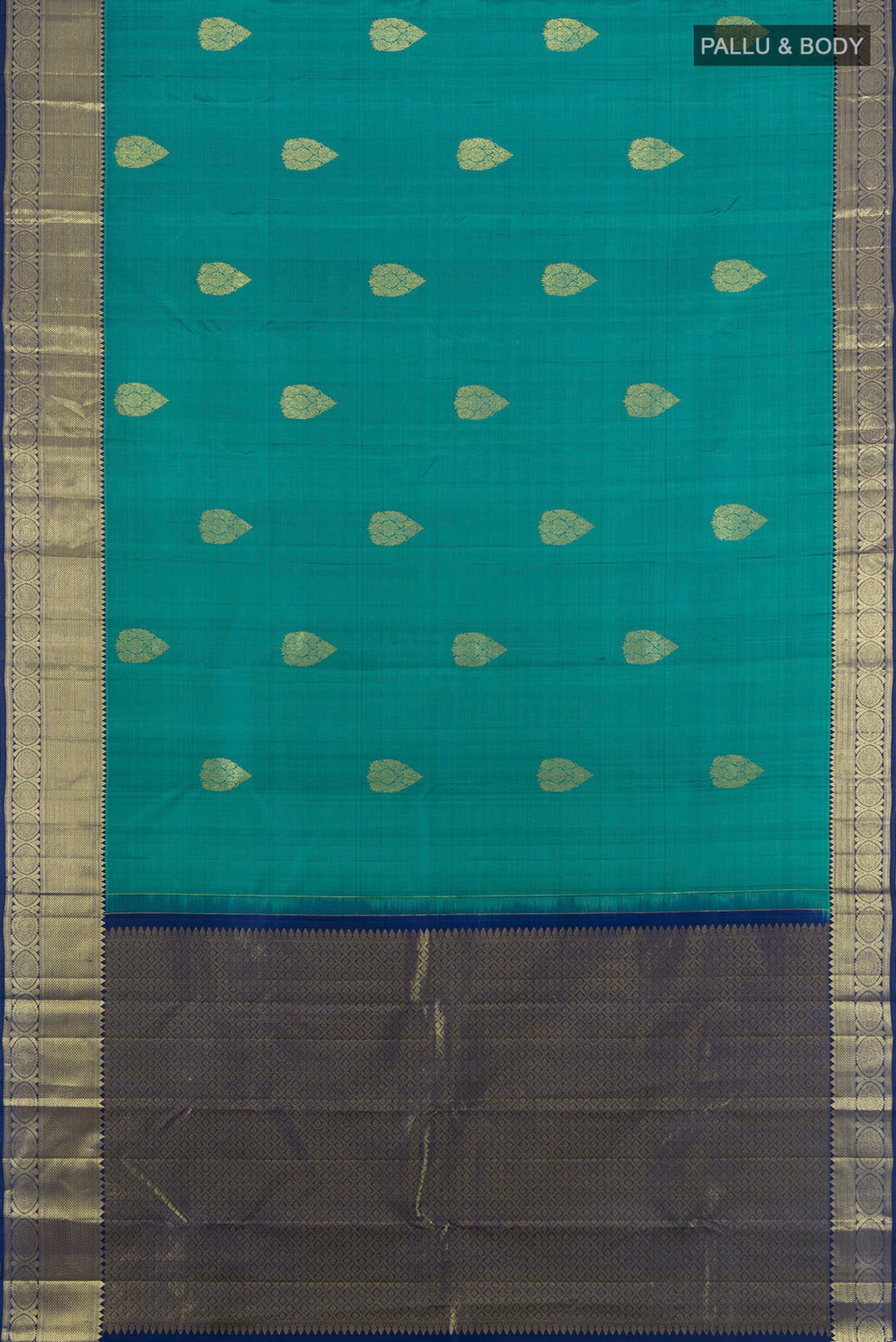 Flat view of Pure Silk Sea Green Kanchipuram Saree with Zari Butta on the body and Zari Border. 