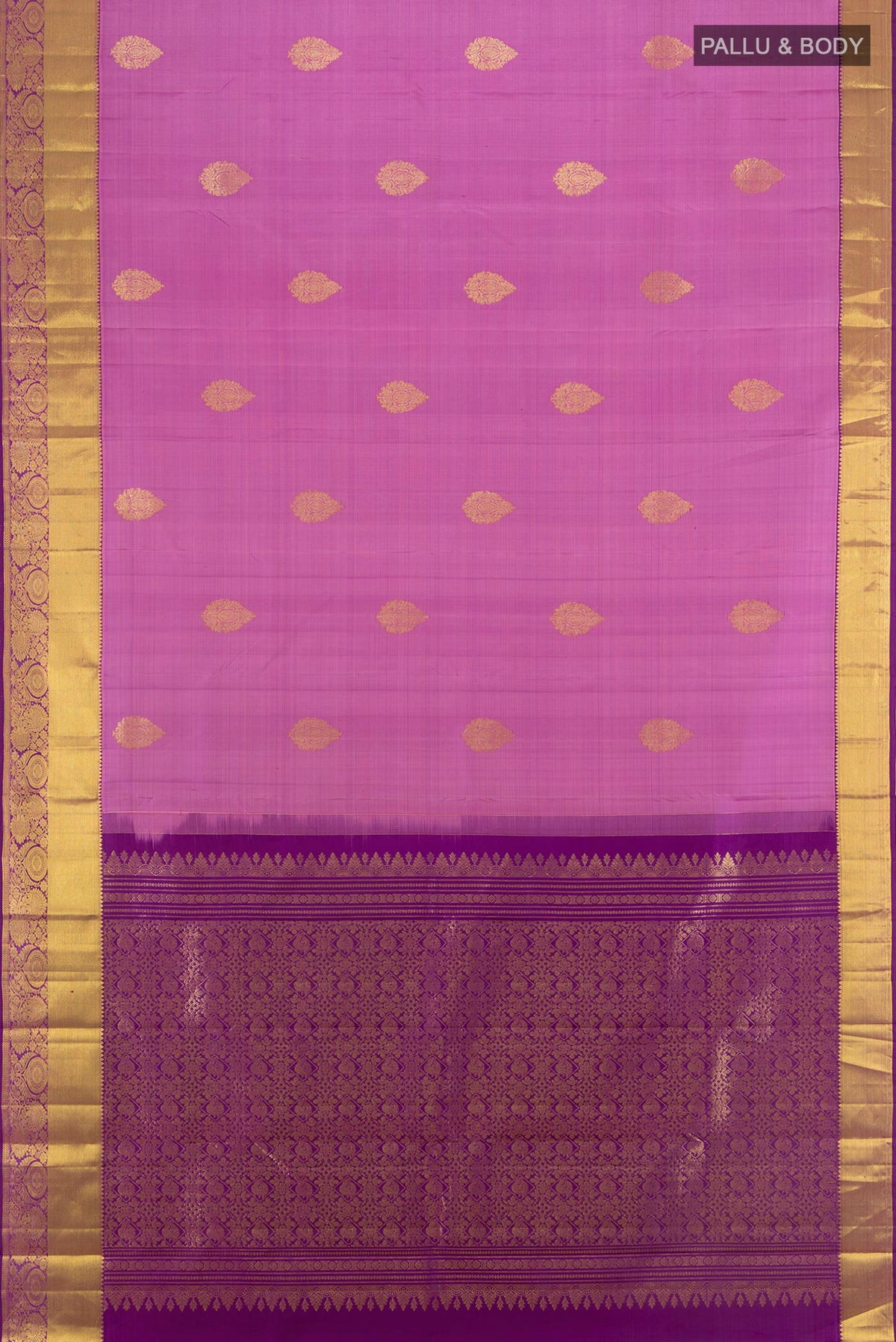 Flat view of Pure Silk Pink Kanchipuram Saree with Zari Butta on the body and Zari Border. 