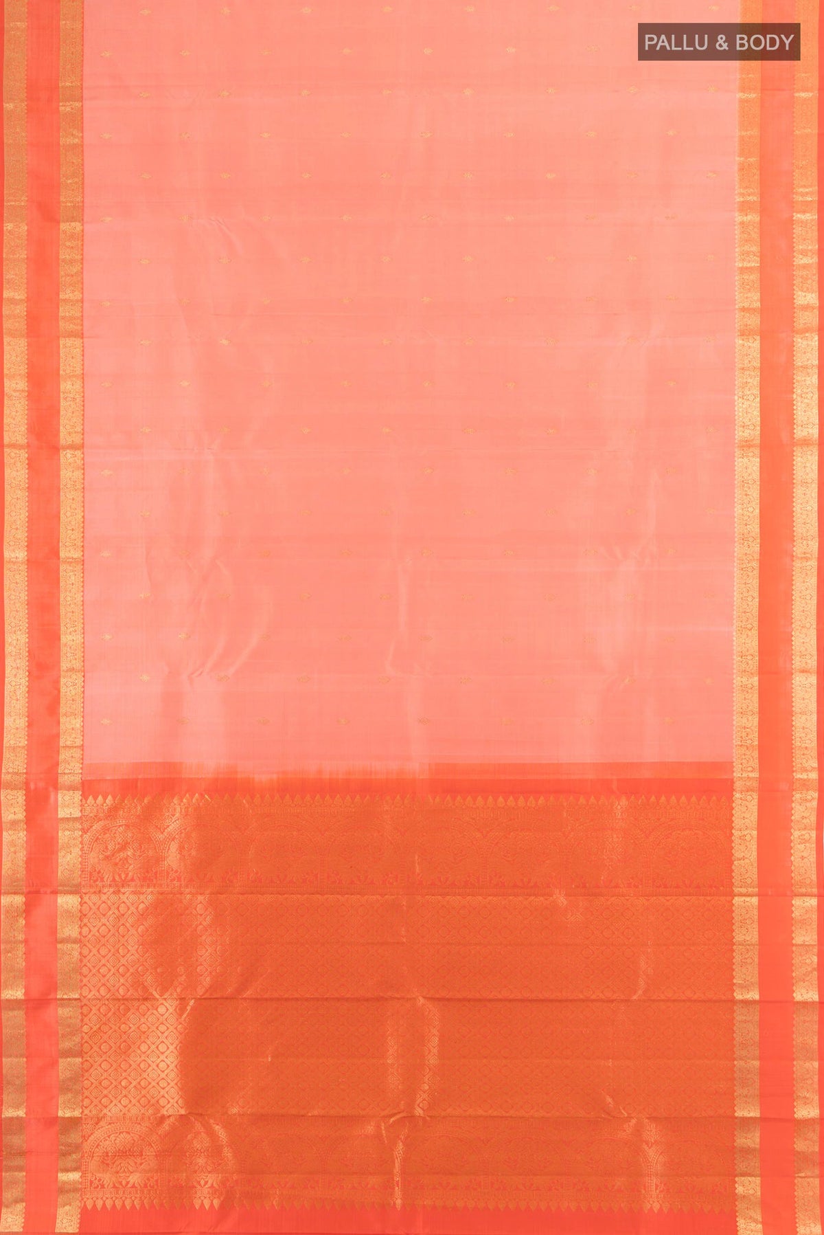 Flat view of Pure Silk Rose Gold Kanchipuram Saree with Zari Butta on the body and Silk Border. 